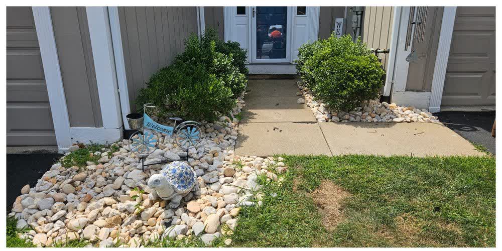 A rock-bed entryway planting area before trimming