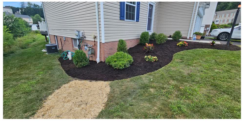 The same bed after cleanup, with fresh mulch, a curved edge, and new flowers